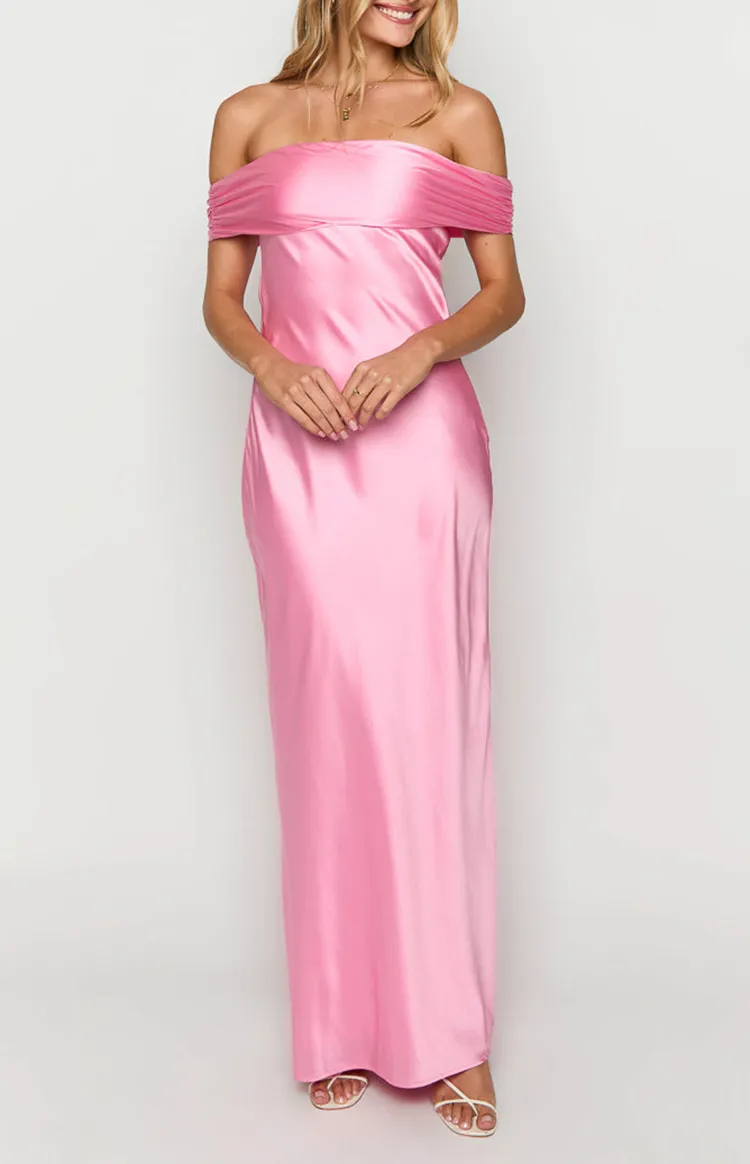 Off  Shoulder Pink Satin Maxi Dress