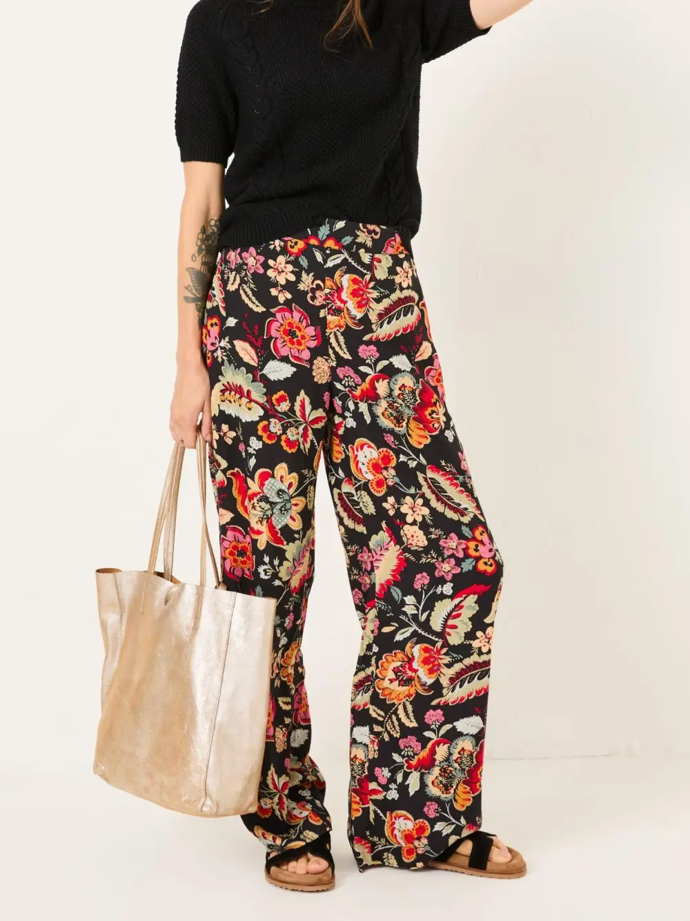 Isla Black Floral Wide Leg Trousers