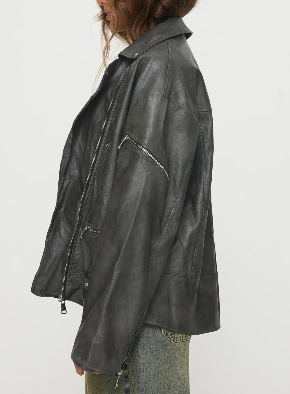 Washed Look Oversized Faux Leather Jacket