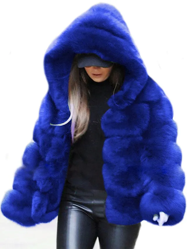 Women's Faux Fur Coat Regular Oversized Coat Sapphire Black Wine Dark Green khaki Party Party Fall Hoodie Regular Fit S M L XL XXL 3XL / Daily