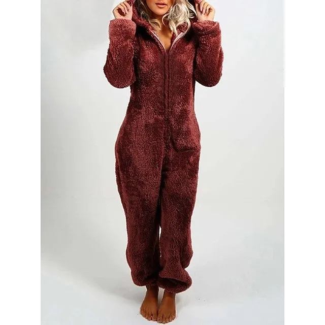 Women's Adult Onesies Onesie Pajamas Pure Color Plush Casual Comfort Home Daily Bed Polar Fleece Warm Hoodie Long Sleeve Fall Winter Light Pink claret