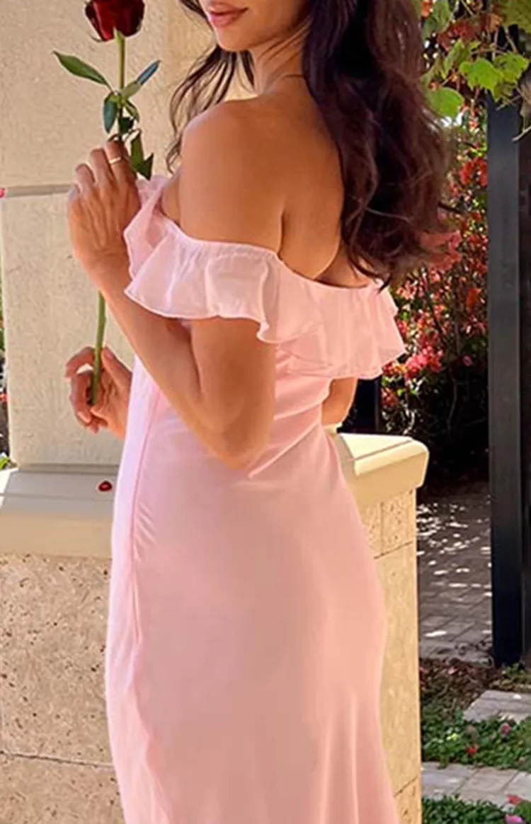 Ruffled Off Shoulder Blush Pink Maxi Dress