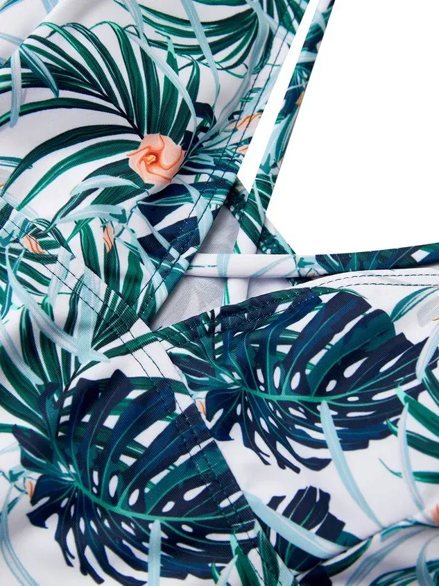 Vacation Floral Printing V neck Tankinis Two-Piece Set