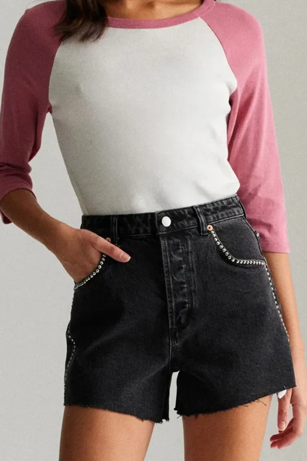 Retro Distressed Chain Slim Washed Black Shorts