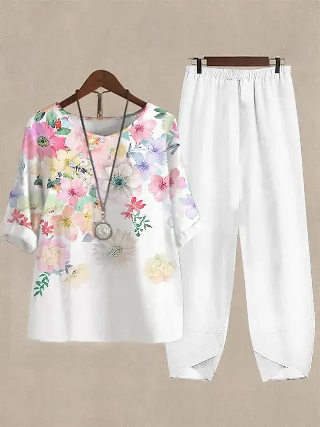 Women's Shirt Pants Sets Pants Trousers Basic White Pink Casual Daily Floral Print Crew Neck S M L XL 2XL