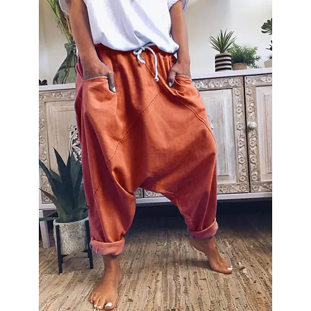 Women's Fashion Streetwear Chinos Harem Pants Side Pockets Baggy Elastic Drawstring Design Full Length Pants Casual Weekend Micro-elastic Plain Linen / Cotton Blend Comfort Mid Waist Loose Blue Gray