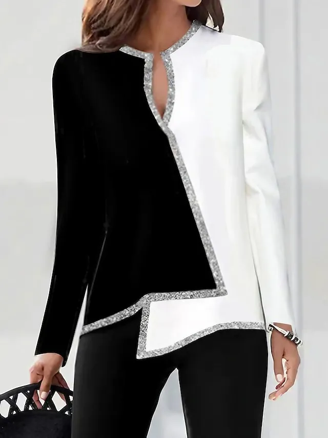 Women's Shirt Blouse Color Block Black Asymmetric Long Sleeve Daily Weekend Vintage Fashion Streetwear V Neck Regular Fit Spring Fall