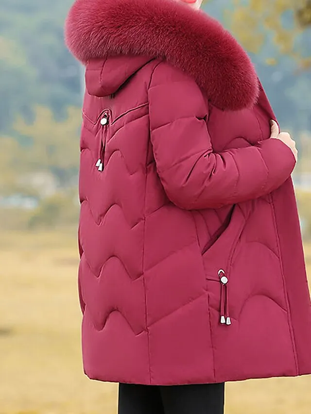 Women's Parka Warm Breathable Outdoor Street Daily Wear Going out Zipper Pocket Fur Collar Zipper Hoodie Fashion Modern Casual Street Style Solid Color Regular Fit Outerwear Long Sleeve Fall Winter