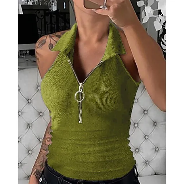 Women‘s spring  summer solid color pit strip lapel zipper vest women‘s fashion casual t-shirt