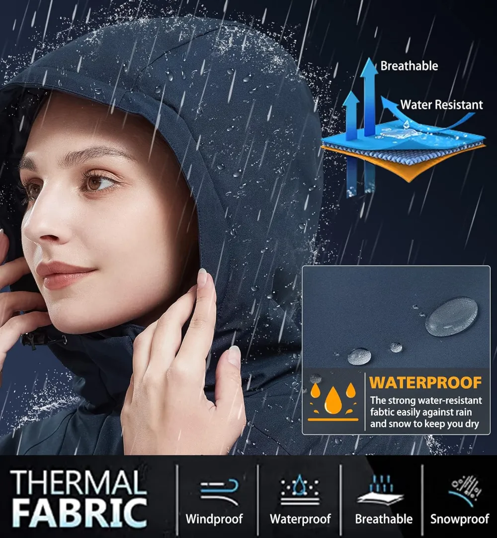 Women's Waterproof Mountain Ski Snow Jacket with Fleece Outdoor Windproof Raincoat Hooded for Fall and Winter