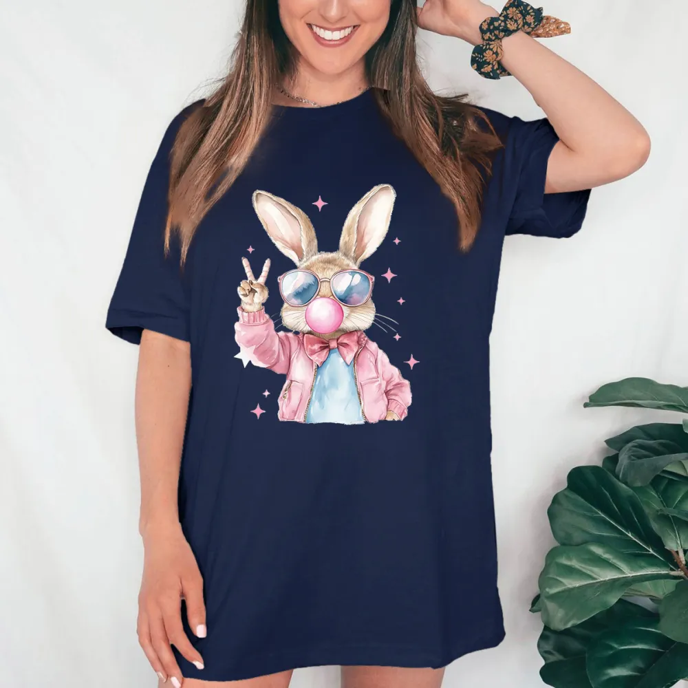 A Cartoon Rabbit Pattern, Wearing Sunglasses, A Pink Jacket And Blue Inner Wear, A Pink Bow Tie, Blowing Bubble Gum In His Mouth, And Making A 