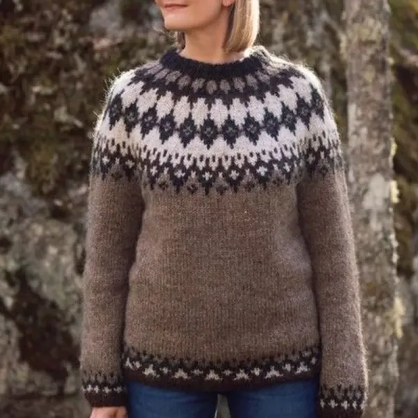 Iceland Geometric Wave Jacquard Crew Neck Sweater