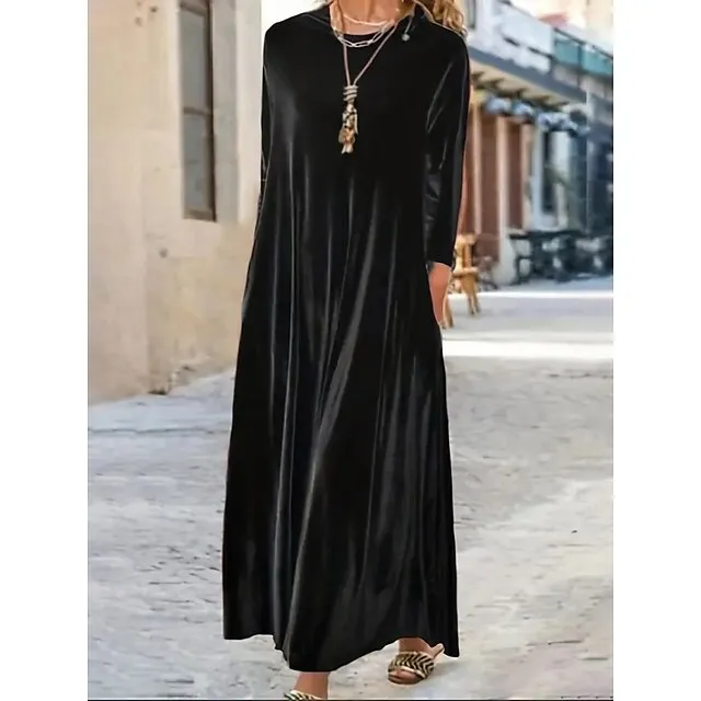 Women‘s Velvet Dress Shift Dress Caftan Dress Long Dress Maxi Dress Green Black Purple Long Sleeve Pure Color Pocket Winter Fall Spring Crew Neck Mature Winter Dress Daily Vacation 2023