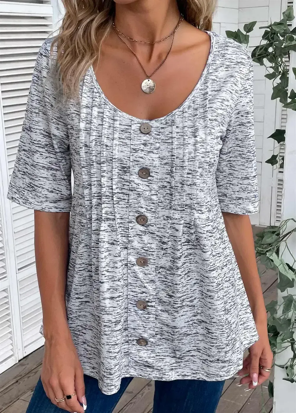 Light Grey Marl Button Half Sleeve T Shirt