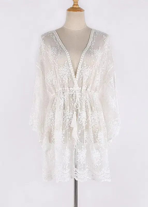 Sexy White V Neck Cinched Beach Lace Bikini Cover Ups Half Sleeve