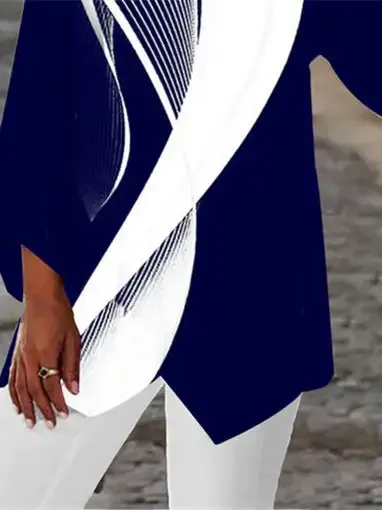 Women Asymmetrical 3/4 Sleeve Scoop Neck Striped Stitching Tops