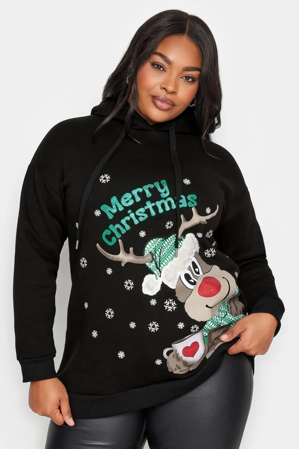 YOURS Curve Black 'Merry Christmas' Reindeer Print Hoodie