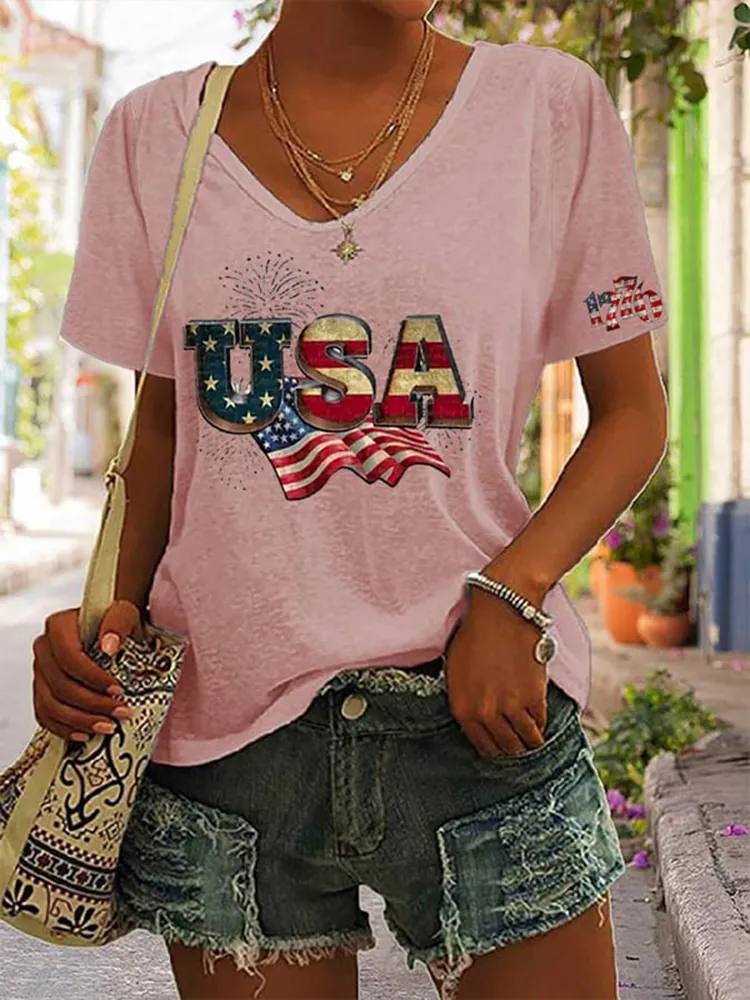 Women'S Short-Sleeved V-Neck T-Shirt With National Flag Pattern Printing