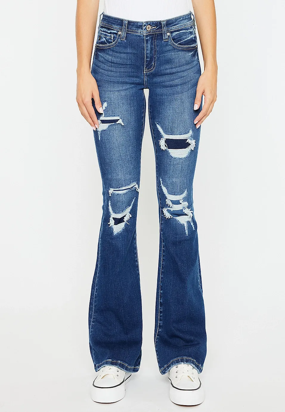 Casual Style Mid Rise Ripped Flare Jean