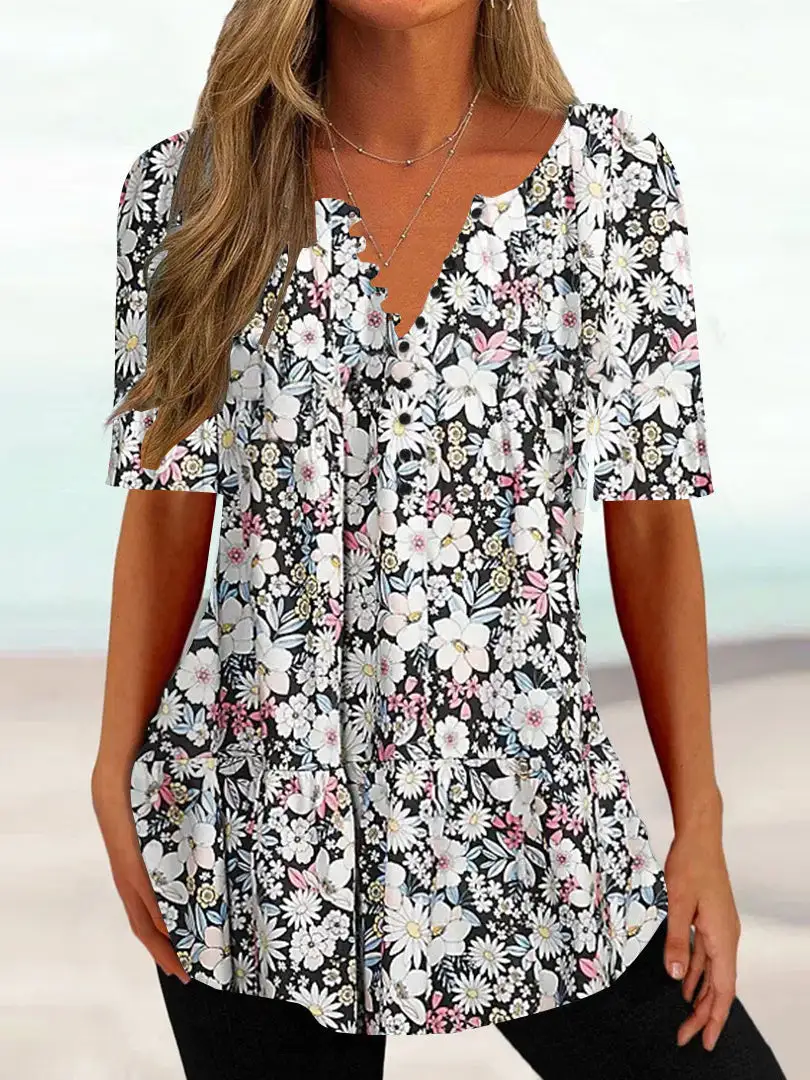 Women Half Sleeve V-neck Floral Printed Tops