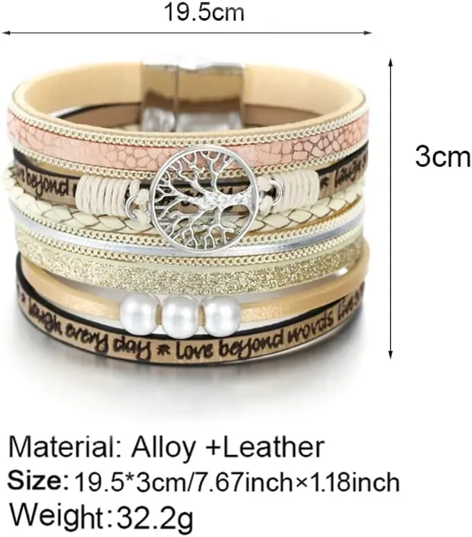 Fesciory Leather Wrap Bracelets for Women, Boho Leopard Multi-Layer Crystal Beads Cuff Bracelet Jewelry