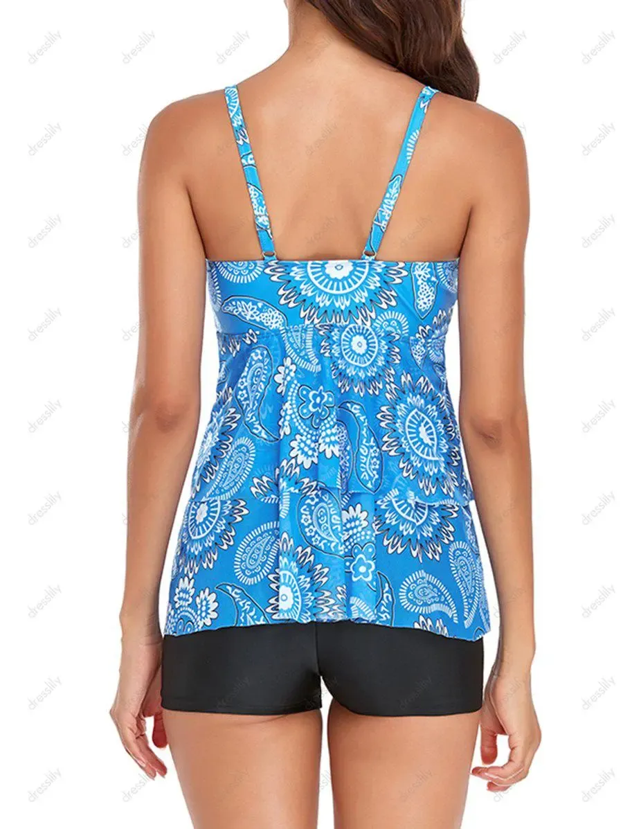 Modest Tankini Swimwear Bohemian Swimsuit Paisley Print Mesh Layered Boyshorts Summer Beach Bathing Suit