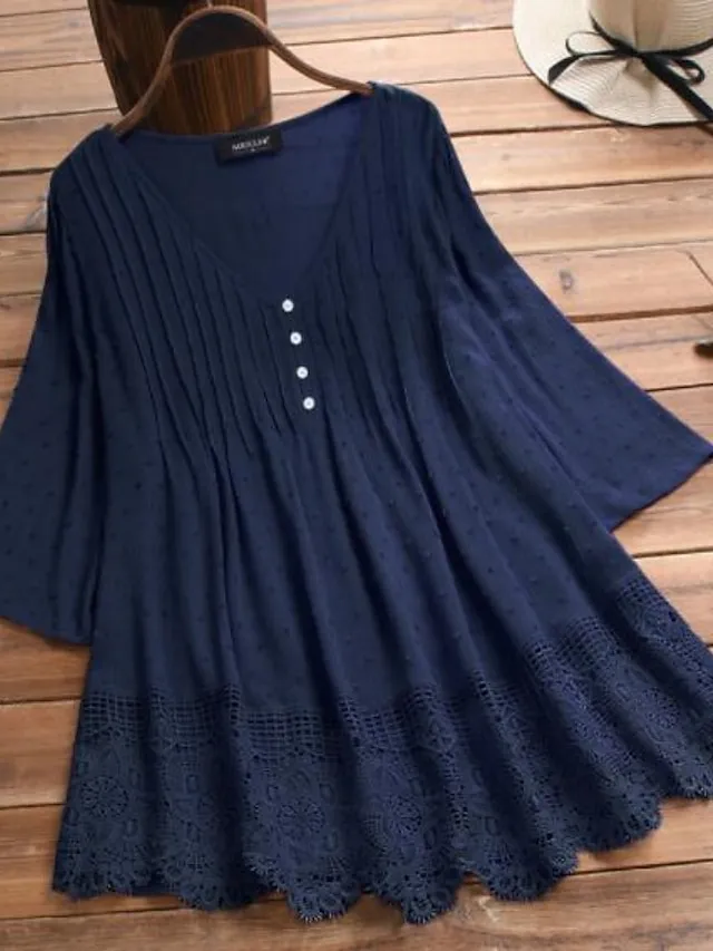 Women's Shirt Blouse White Eyelet Tops Cotton Pure Color White Pink Green Lace Button 3/4 Length Sleeve Daily Basic Casual V Neck Regular Fit Summer Spring Fall