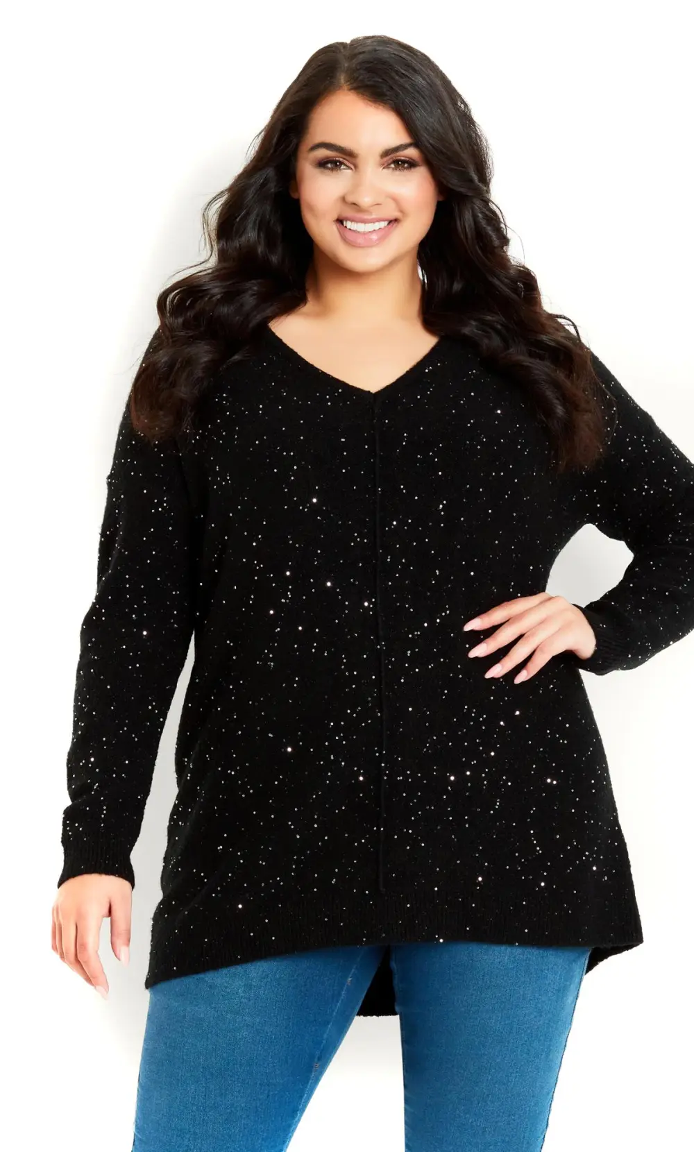 Evans Black & Silver Sequin V-Neck Knit Jumper