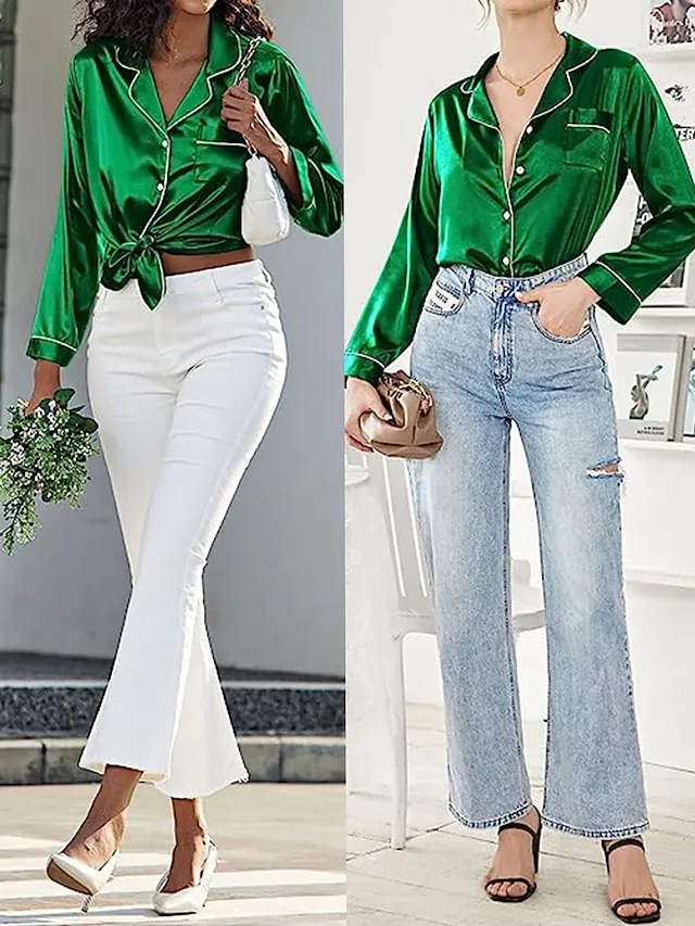 Women's Satin Silk Lounge Sets Satin Pajama Sets Pure Color Fashion Casual Comfort Home Daily Bed Satin Breathable Lapel Long Sleeve Shirt Pant Button Pocket Summer Fall Black White