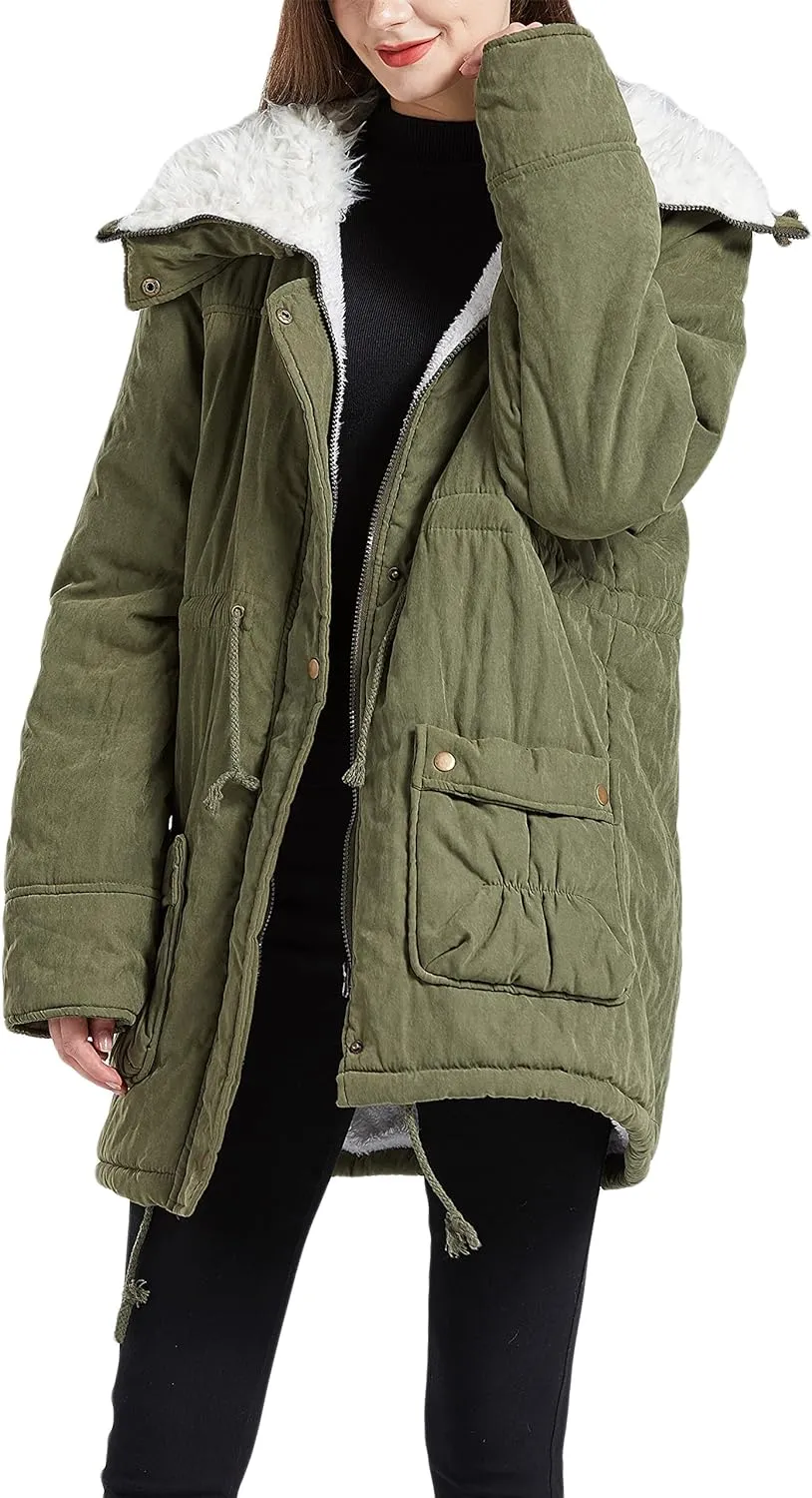 Women's Winter Mid Length Thick Warm Faux Lamb Wool Lined Jacket Coat