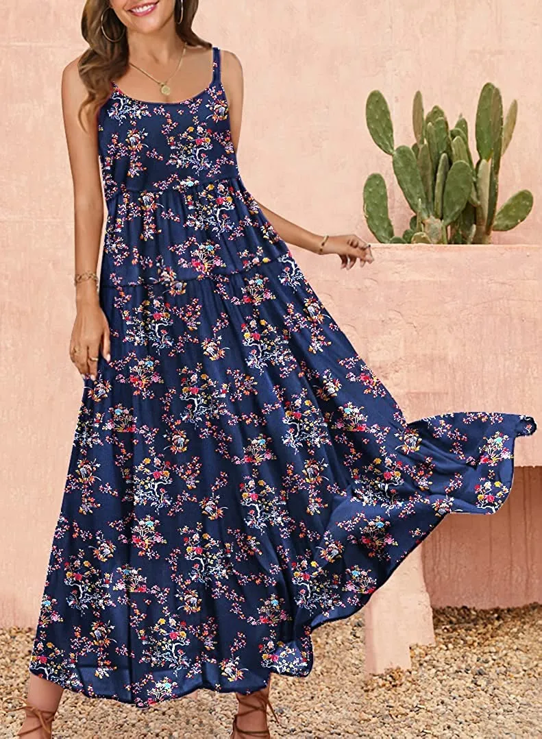 Summer Dresses for Women Casual Loose Bohemian Floral Dress with Pockets Spaghetti Strap Maxi Dress E75