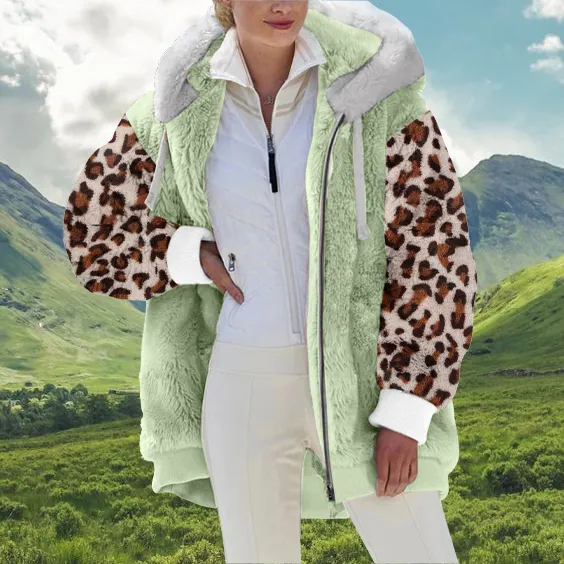 Casual Oversized Leopard-Painted Lambsool Hooded Coat