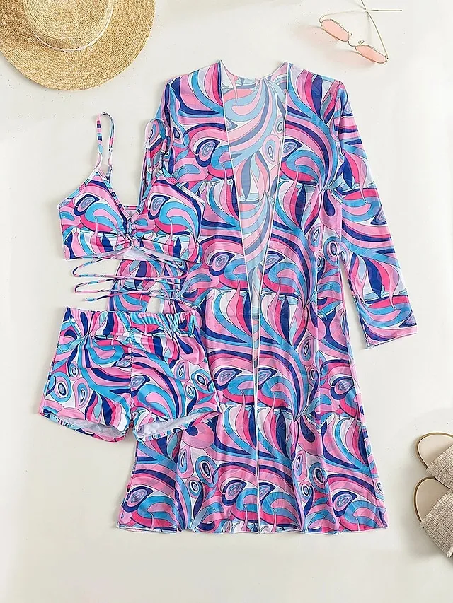 Women's Swimwear Bikini Normal Swimsuit 3-Piece Printing Graphic Black Yellow Blue Purple Orange Bathing Suits Sports Beach Wear Push Up