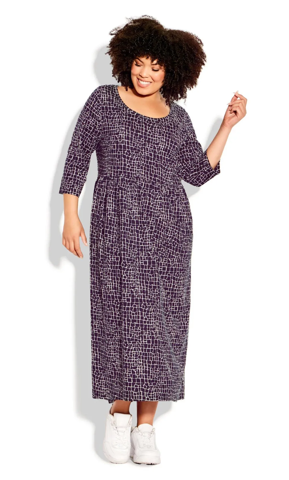 Evans Navy Blue Check Print Long Sleeve Maxi Dress