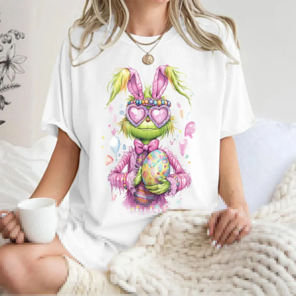 Easter Bunny And Eggs Printed Round Neck Short Sleeve T-Shirt