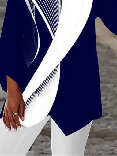 Women Asymmetrical 3/4 Sleeve Scoop Neck Striped Stitching Tops