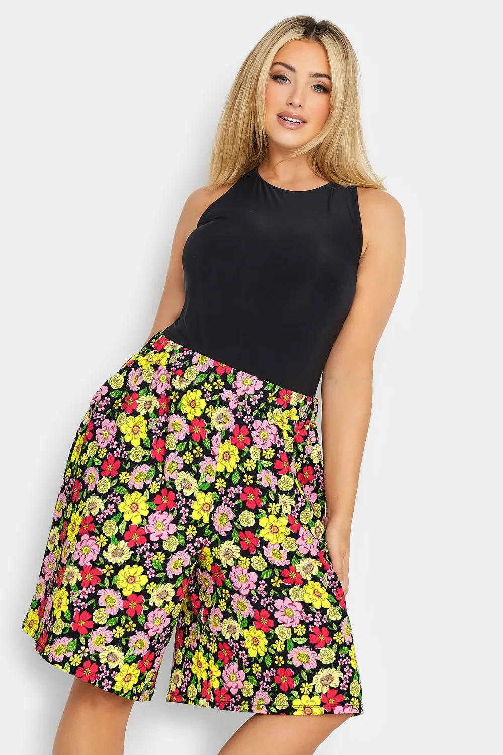 YOURS Curve Black & Yellow Floral Print Pull On Shorts