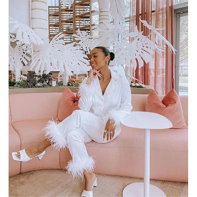 Women's Gift Loungewear Pajamas Sets Home Party Valentine's Day Feather Pure Color Silk Simple Soft Shirt Pant Fall Spring Summer Lapel Long Sleeve Long Pant Buckle Pocket