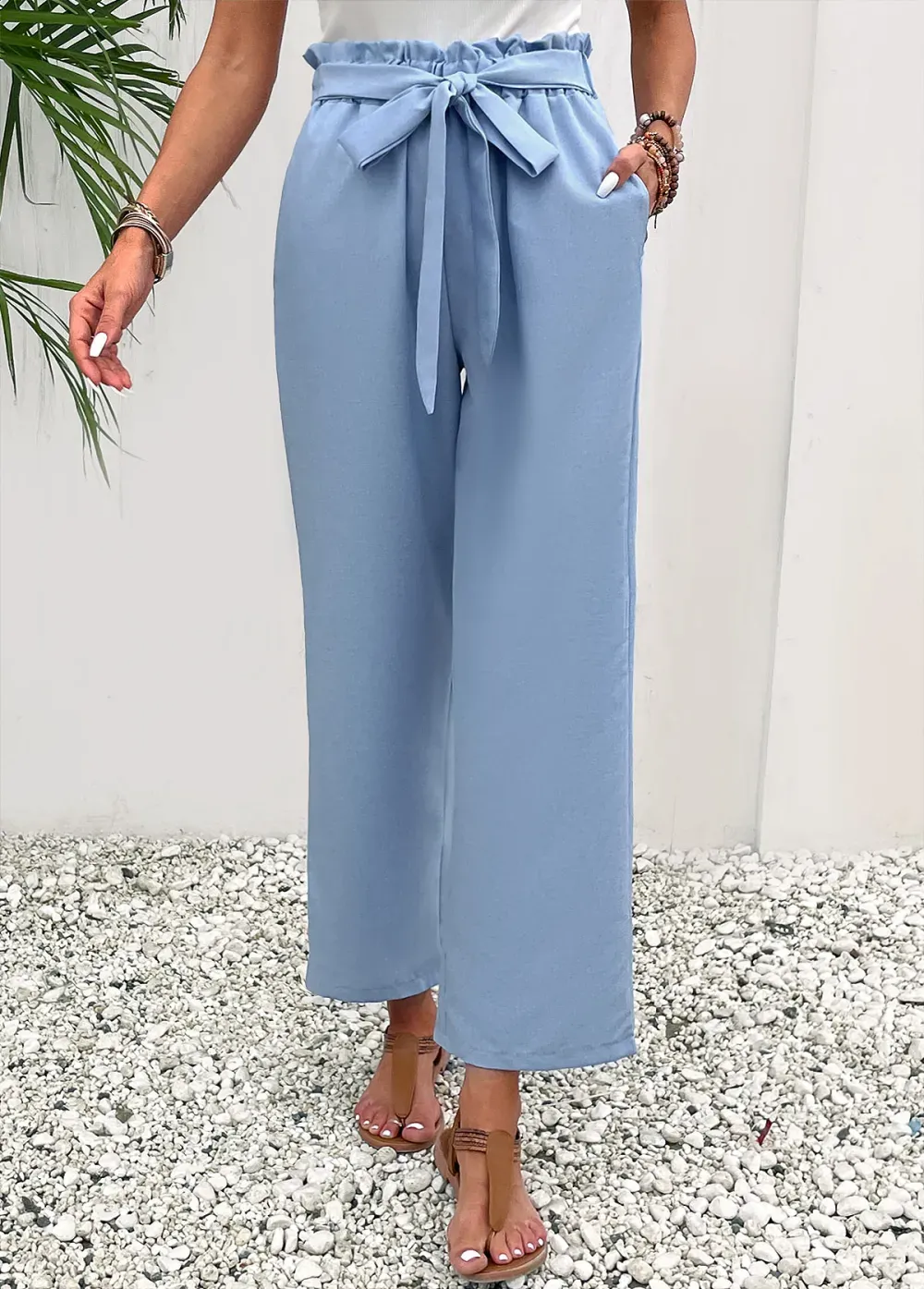Dusty Blue Pocket Elastic Waist High Waisted Pants