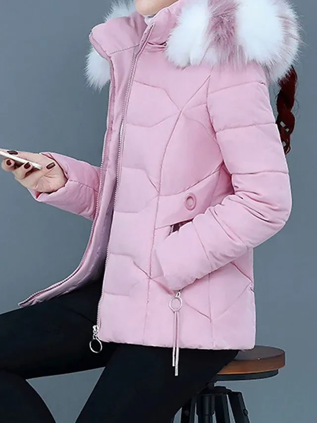 Women's Parka Cropped Puffer Jacket Winter Coat Zip up Hooded Coat with Removable Fur Collar Thermal Warm Heated Coat Fall Outerwear with Pockets Warm Classic Long Sleeve Blue