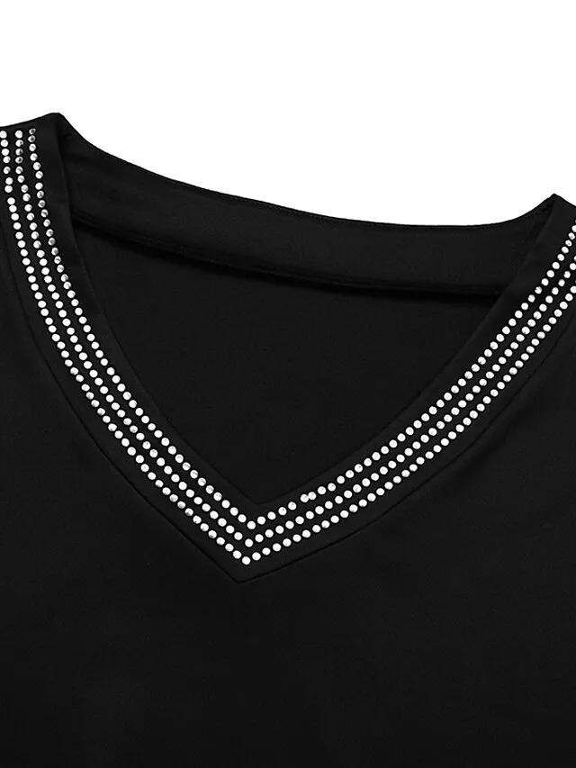 Women's Plus Size Going Out Tops Blouse Concert Tops Black Wine Dark Blue Plain Sparkly Mesh Rhinestone Long Sleeve Daily Date Vacation Vintage Fashion Elegant V Neck Regular Fit Spring Fall