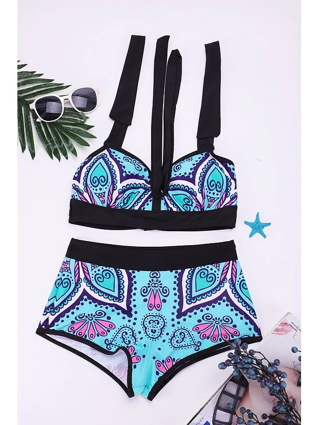 Women's Swimwear Bikini 2 Piece Normal Swimsuit Halter Front Tie Bowknot High Waisted Bow Floral Color Block Blue Halter Blouse Strap Bathing Suits New Fashion Party