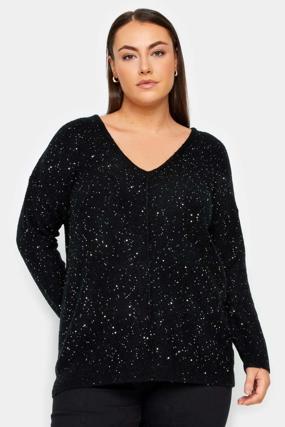 Evans Black & Silver Sequin V-Neck Knit Jumper