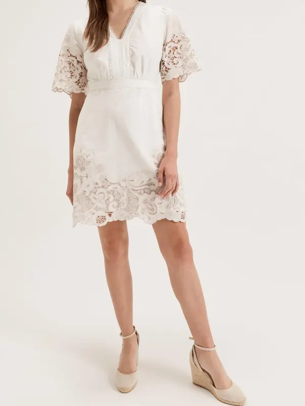 White Burnt Out Hollow Pattern Mini Dress