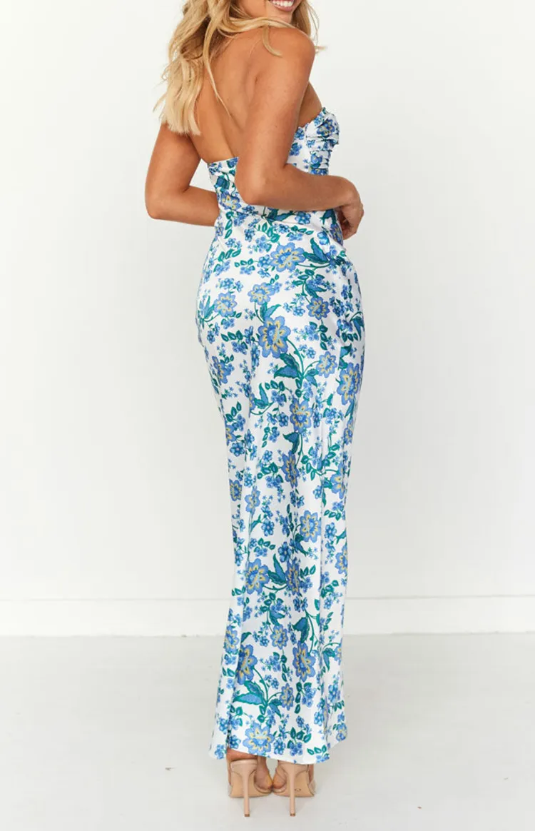 Blue Floral Print Strapless Formal Dresses