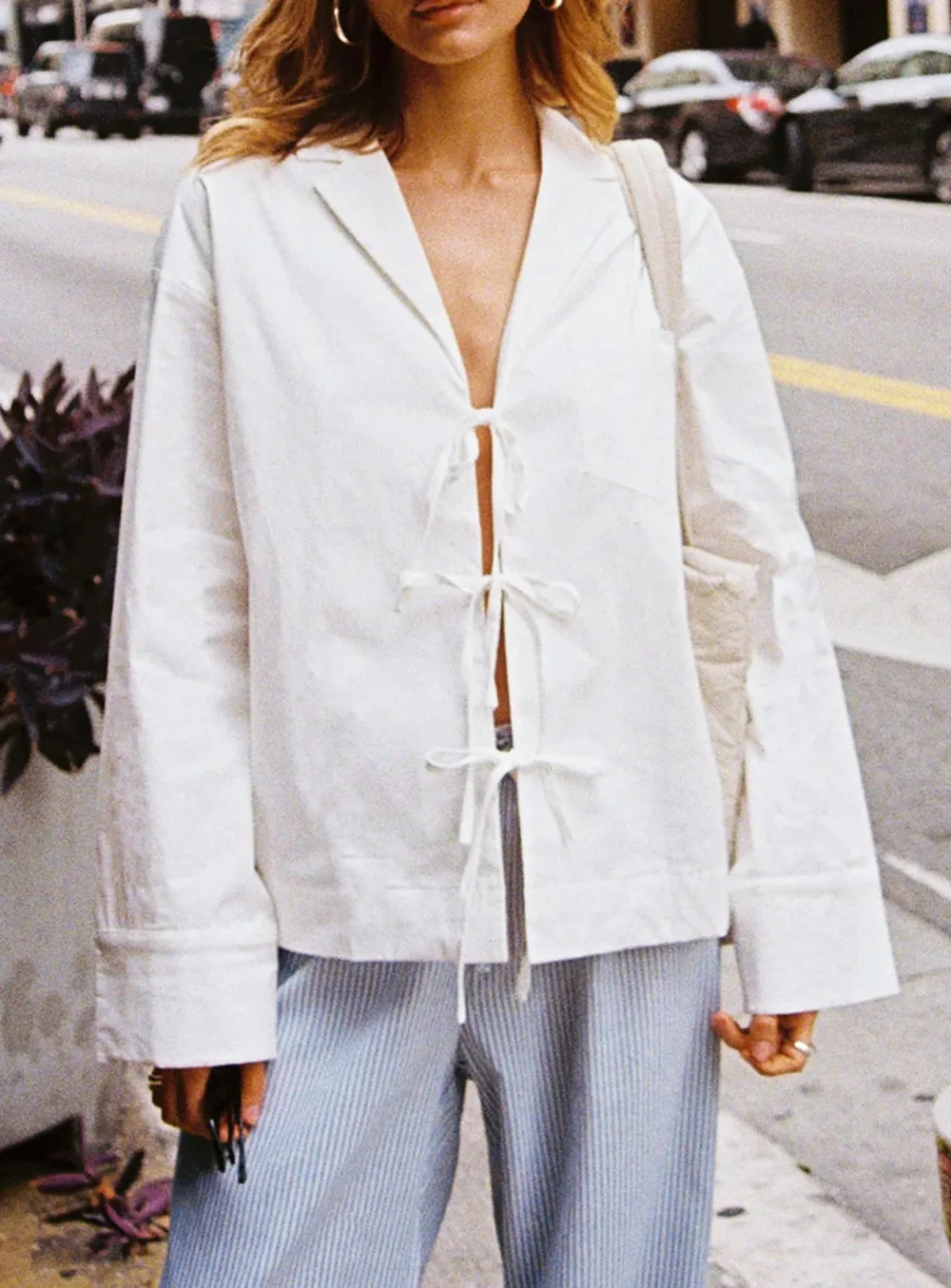 White Mandarin Collar Tie Front Shirt