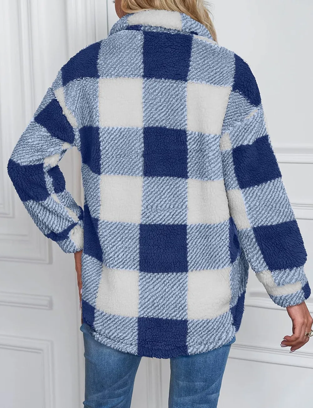 Women's Fleece Plaid Jacket Coats Button Down Lapel Sherpa Shacket Outwear with Pockets