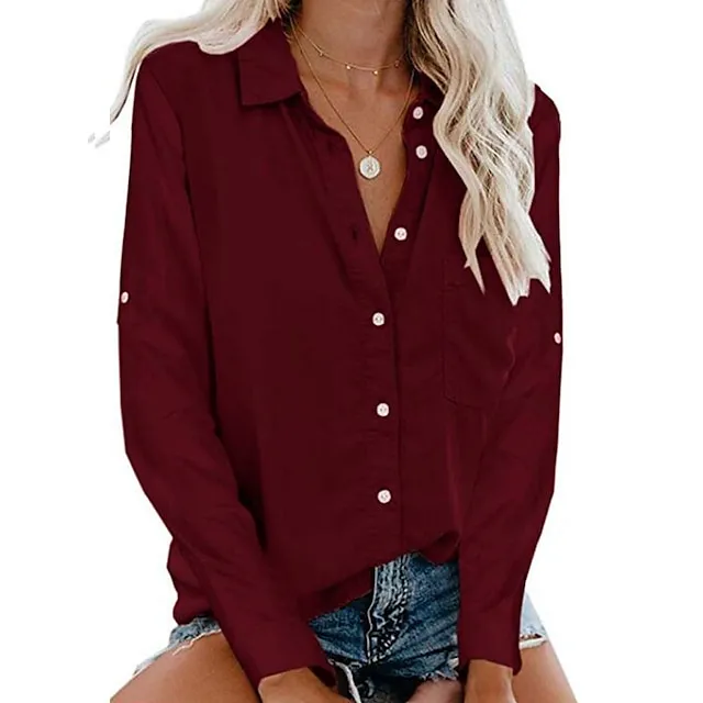 Women's Shirt Blouse Black White Wine Plain Long Sleeve Work Daily Basic Business Elegant Shirt Collar Regular Cotton Loose Fit S
