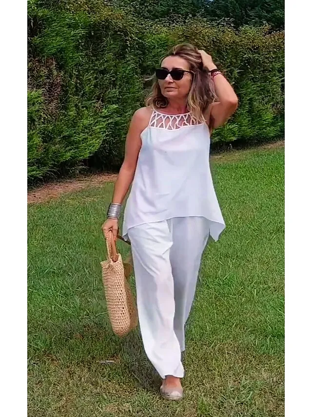 Women's Sets 2 Pieces Flower Comfort Home Cotton Blend Comfort Halter Sleeveless Hole Summer Spring Lake blue Black