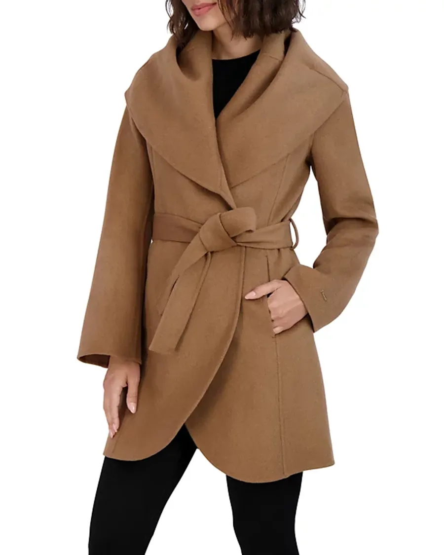 Wing Neckline Long Sleeves Belted Coat